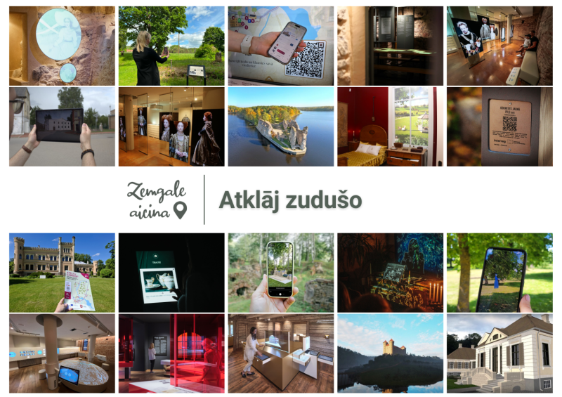 Kolāža ar Zemgales tūrisma objektiem un digitāliem risinājumiem vēsturiskā mantojuma izzināšanai – papildināto realitāti, mobilajām lietotnēm, QR kodiem, digitālām ekspozīcijām un multimediāliem stāstiem. Centrā redzams “Zemgale aicina” logotips un sauklis “Atklāj zudušo”