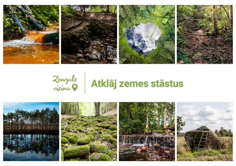 Kolāža ar dabas ainavām Zemgalē – meža strauti, akmeņainas takas, sūnām klāti akmeņi, avoti un meža ezeri. Centrā redzams uzraksts ‘Atklāj zemes stāstus’ un ‘Zemgale aicina’ logo. Attēls aicina iepazīt Zemgales dabas un kultūrvēsturiskās vietas