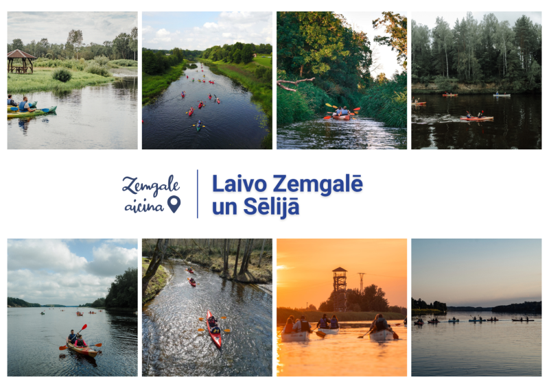 Kolāža ar astoņām fotogrāfijām, kurās redzami cilvēki, kas laivo ar kajakiem un kanoe dažādās Zemgales un Sēlijas upēs. Attēlos redzamas mierīgas upju ainavas, mežu ieskauti ūdensceļi, grupu laivojumi un saulrieta braucieni. Centrā izvietots uzraksts ‘Laivo Zemgalē un Sēlijā’, kas aicina iepazīt reģiona dabas un aktīvās atpūtas iespējas uz ūdens.”