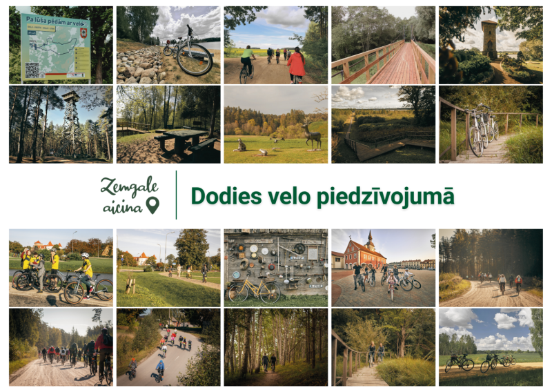 Kolāža ar velomaršrutiem un apskates vietām Zemgalē – velobraucēji, dabas takas, skatu torņi, tilti, kultūrvēsturiskas vietas un ainaviskas atpūtas vietas dažādos Zemgales novados.
