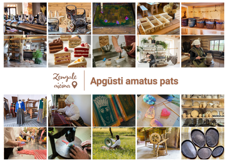 “Kolāža ar Zemgales amatniecības un kulinārā mantojuma piedāvājumiem. Fotogrāfijās redzamas keramikas, aušanas, ādas apstrādes, pinumu, maizes cepšanas, konditorejas, alus darīšanas un citas meistarklases. Centrā teksts: ‘Zemgale aicina – Apgūsti amatus pats’.”