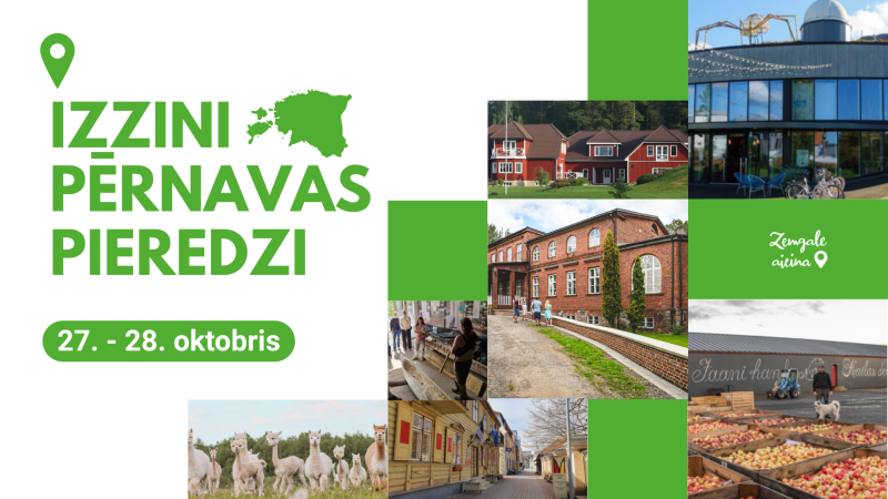 Informatīvs plakāts par pieredzes apmaiņas braucienu uz Igauniju 27.–28. oktobrī ar virsrakstu “Izzini Pērnavas pieredzi”. Plakāta kreisajā pusē uz balta fona izvietots liels zaļš teksts un Igaunijas kartes siluets. Labajā pusē redzama fotogrāfiju kolāža ar Pērnavas ēkām, tūrisma objektiem, vietējiem uzņēmumiem, alpakām un ābolu ražu. Plakātu papildina zaļi grafiskie elementi un “Zemgale aicina” logotips.