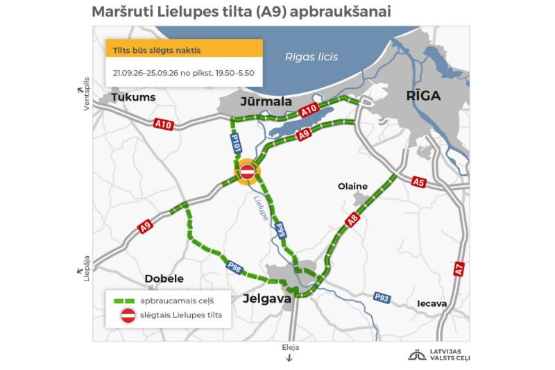 Karte ar maršrutiem Lielupes tilta apbraukšanai