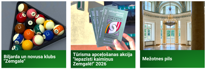 “Kolāža ar Bauskas novada tūrisma jaunumiem: biljarda un novusa klubs ‘Zemgale’, tūrisma akcijas ‘Iepazīsti kaimiņus Zemgalē! 2026’ reklāmas materiāli un Mežotnes pils grezna interjera zāle.”