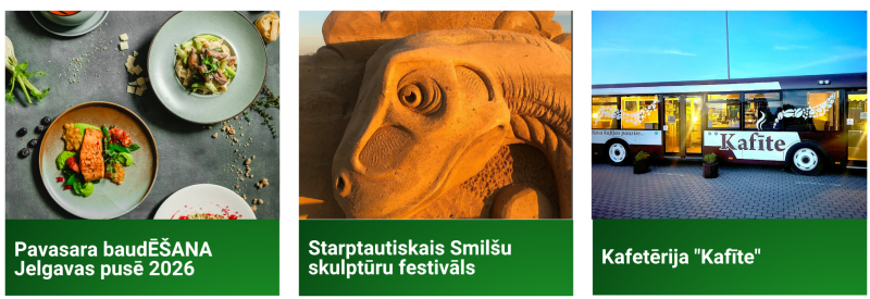 “Kolāža ar Jelgavas pilsētas tūrisma jaunumiem: pavasara restorānu baudīšanas piedāvājums Jelgavā 2026, Starptautiskā Smilšu skulptūru festivāla smilšu skulptūra un kafejnīca ‘Kafite’ autobusā.