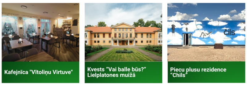 “Kolāža ar Jelgavas novada tūrisma jaunumiem: kafejnīcas ‘Vītoliņu Virtuve’ interjers, Lielplatones muiža ar kvestu ‘Vai balle būs?’ un piecu plūšu rezidence ‘Chils’ ar māksliniecisku sienas gleznojumu.”