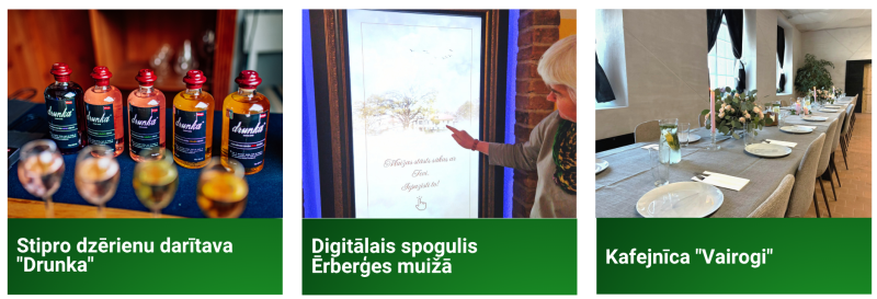 “Kolāža ar Aizkraukles novada tūrisma jaunumiem: stipro dzērienu darītavas ‘Drunka’ produkcija, digitālais spogulis Ērberģes muižā un kafejnīcas ‘Vairogi’ interjers ar klātu galdu.”