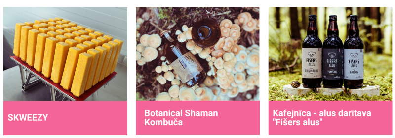 Trīs fotogrāfijas, kas attēlo Jēkabpils novada vietējos ražotājus – SKWEEZY enerģijas batoniņus, Botanical Shaman Kombuču un alus darītavu "Fišers alus".