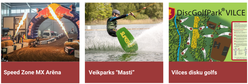 Aktīvās atpūtas iespējas Jelgavas novadā – “Speed Zone MX Arēna”, veikparks “Masti” un Vilces disku golfa parks.