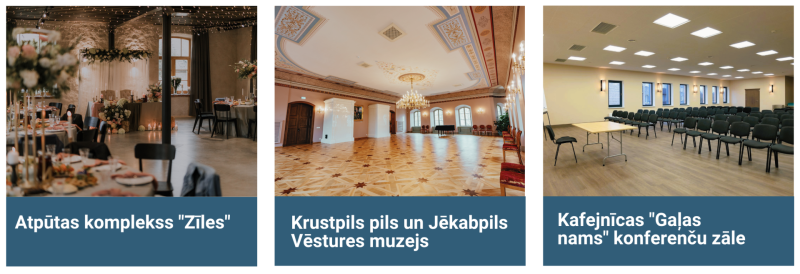 Kolāža ar trim pasākumu un konferenču norises vietām Jēkabpils novadā: atpūtas kompleksu “Zīles”, Krustpils pili un Jēkabpils Vēstures muzeju, kā arī kafejnīcas “Gaļas nams” konferenču zāli. Attēlos redzamas dažādiem pasākumiem iekārtotas telpas.