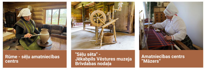 “Kolāža ar trim amatniecības un kultūras mantojuma apskates vietām Jēkabpils novadā: podniecības centru ‘Rūme’, ‘Sēļu sētu’ un amatniecības centru ‘Māzers’.”