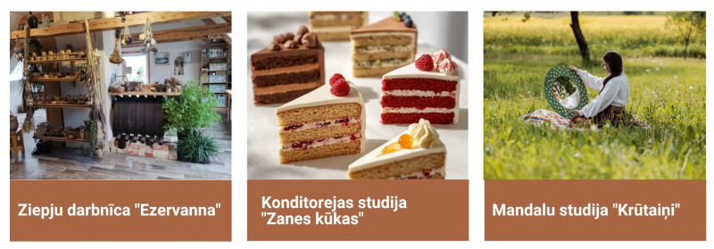 Kolāža ar trim radošiem tūrisma piedāvājumiem Dobeles novadā: ziepju darbnīcu ‘Ezervanna’, konditorejas studiju ‘Zanes kūkas’ un Mandalu studiju ‘Krūtaini’.”