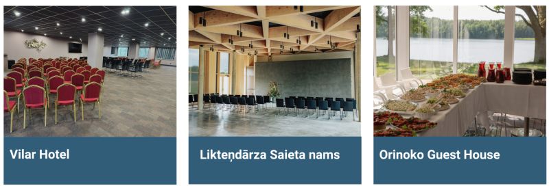 Kolāža ar trim pasākumu un konferenču norises vietām Aizkraukles novadā: Vilar Hotel, Likteņdārza Saieta namu un Orinoko Guest House. Attēlos redzamas pasākumiem iekārtotas telpas un viesību galds ar skatu uz ezeru.
