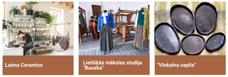 “Kolāža ar trim amatniecības tūrisma piedāvājumiem Bauskas novadā: keramikas studiju ‘Laima Ceramics’, Lietišķās mākslas studiju ‘Bauska’ un keramikas darbnīcu ‘Vīnkalna ceplis’.”