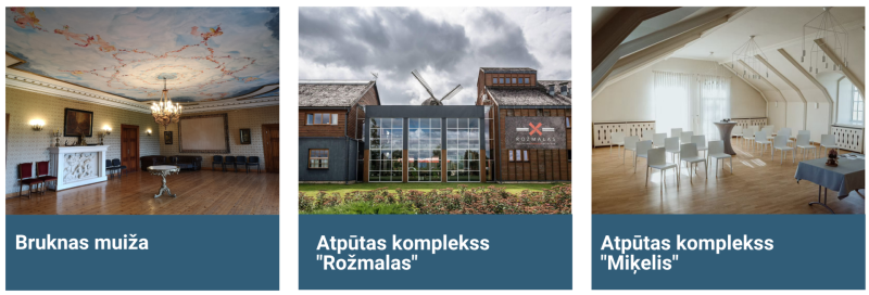 Kolāža ar trim pasākumu un konferenču norises vietām Bauskas novadā: Bruknas muižu, atpūtas kompleksu “Rožmalas” un atpūtas kompleksu “Miķelis”. Attēlos redzama vēsturiska muižas zāle, atpūtas kompleksa ēka un gaiša pasākumu telpa.