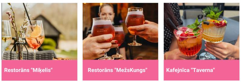Trīs fotogrāfijas, kas attēlo Bauskas novada ēdināšanas vietas – restorānus "Mikelis", "MežsKungs" un kafejnīcu "Taverna".