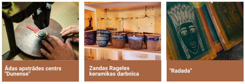 “Kolāža ar trim amatniecības un dizaina vietām Aizkraukles novadā: Ādas apstrādes centru ‘Dunense’, Zandas Rageles keramikas darbnīcu un radošo darbnīcu ‘Radada’.”
