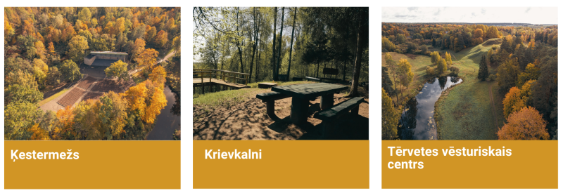 Dobeles novada rudens galamērķi – Ķestermeža estrāde zeltainu koku ieskāvumā, Tērvetes vēsturiskā centra ainava un Krievkalnu atpūtas vieta mežā.