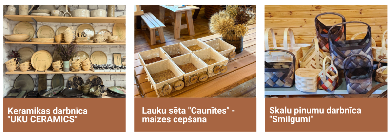 “Kolāža ar trim amatniecības un kulinārā mantojuma vietām Jelgavas novadā: keramikas darbnīcu ‘UKU CERAMICS’, lauku sētu ‘Caunītes’, kur iepazīst maizes cepšanu, un skalu pinumu darbnīcu ‘Smilgumi’.”