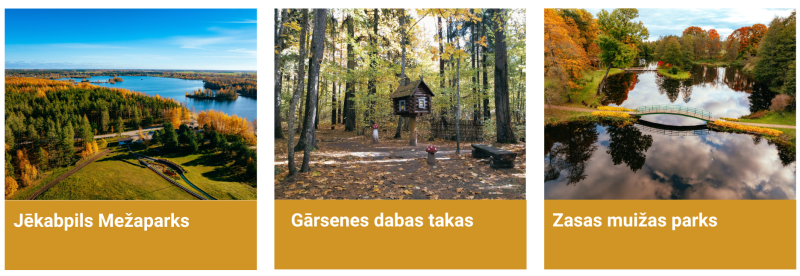 Jēkabpils novada dabas un atpūtas galamērķi – Jēkabpils Mežaparks pie Radžu ūdenskrātuves, rudenīgais Zasas muižas parks un Gārsenes dabas takas meža ainavā.