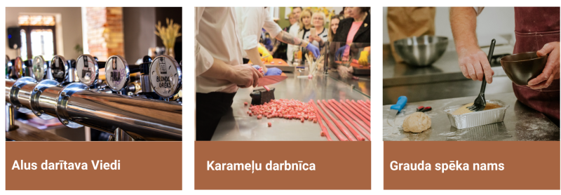 “Kolāža ar trim gastronomijas tūrisma vietām Jelgavas pilsētā: alus darītavu ‘Viedi’, Karamelju darbnīcu un ‘Grauda spēka namu’.”