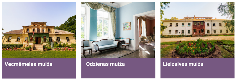 Trīs Aizkraukles novada muižas: Vecmēmeles muižas ēkas fasāde, Odzienas muižas vēsturiskais interjers un Lielzalves muižas ēka ar apstādījumiem priekšplānā.