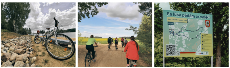 Trīs fotogrāfijas, kas attēlo velotūrisma iespējas Jēkabpils novadā – velosipēdus pie Daugavas, velobraucējus lauku maršrutā un informatīvu stendu ar velomaršruta "Pa Lūša pēdām ar velo" karti.