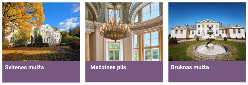 Trīs Bauskas novada muižas un pilis: Svitenes muiža rudens ainavā, grezna Mežotnes pils interjera zāle ar lustru un Bruknas muižas ēka ar strūklaku priekšplānā.