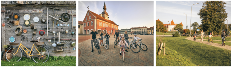 Trīs fotogrāfijas, kas attēlo velotūrisma iespējas Bauskas novadā – velosipēdu pie vēsturiskas ekspozīcijas, ģimeni ar velosipēdiem Bauskas Rātslaukumā un velobraucējus parkā pie Bauskas pils.