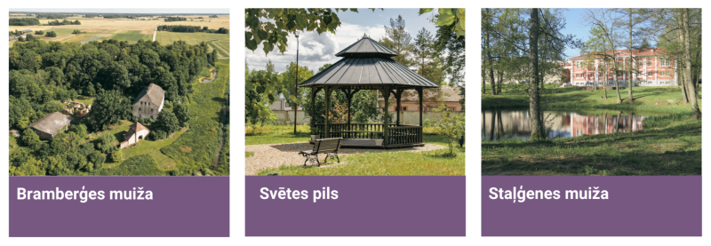 Trīs Jelgavas novada muižas un pilis: Brahmberģes muižas komplekss skatā no augšas, Svētes pils parks ar lapeni un Staļģenes muiža pie dīķa.
