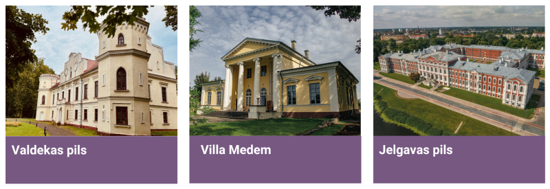 Trīs Jelgavas pilsētas kultūrvēsturiskie objekti: Valdekas pils, Villa Medem un Jelgavas pils, attēloti trīs fotogrāfijās.