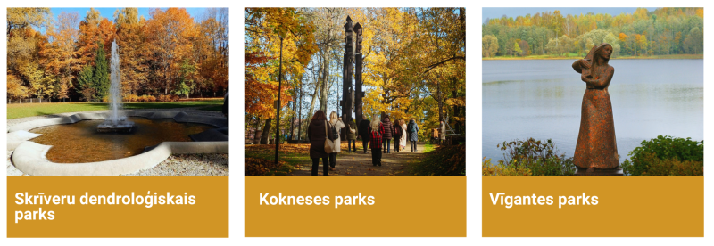 Aizkraukles novada rudens galamērķi – Skrīveru dendroloģiskais parks ar strūklaku, Kokneses parks zeltainās rudens krāsās un Vīgantes parks Daugavas krastā.