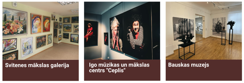 Trīs mākslas un kultūras apskates vietas Bauskas novadā. Kreisajā pusē Svitenes mākslas galerija ar dažādu krāsu un stilu gleznām pie sienām, vidū Igo mūzikas un mākslas centra “Ceplis” izstāžu telpa ar izteiksmīgiem cilvēku portretiem, bet labajā pusē Bauskas muzeja izstāžu zāle ar melnbaltiem mākslas darbiem un skulptūrām.