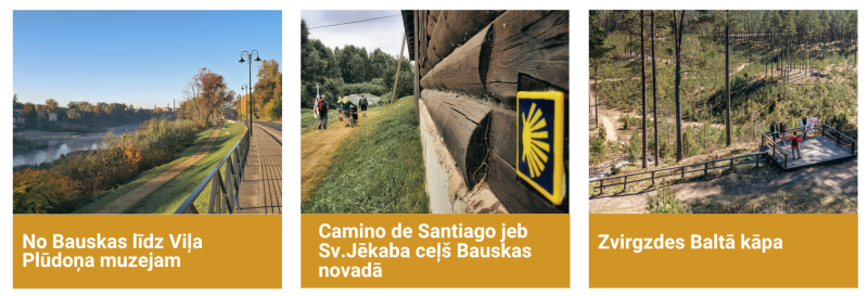 Bauskas novada apskates un aktīvās atpūtas vietas – pastaigu maršruts no Bauskas līdz Viļa Plūdoņa muzejam, Sv. Jēkaba jeb Camino de Santiago ceļš un Zvirgzdes Baltā kāpa ar skatu platformu.