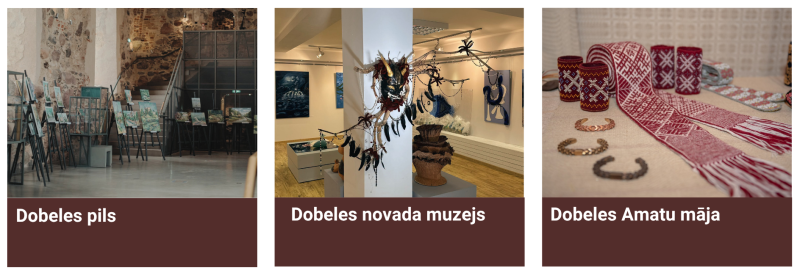 Trīs mākslas un kultūras apskates vietas Dobeles novadā. Kreisajā pusē Dobeles pils izstāžu telpa ar vēsturiskām akmens sienām un izstādītiem mākslas darbiem, vidū Dobeles novada muzeja ekspozīcija ar gleznām, skulptūrām un dekoratīvās mākslas priekšmetiem, bet labajā pusē Dobeles Amatu mājas rokdarbu izstāde ar tradicionāliem latviešu rakstiem rotātām tekstilijām un rotaslietām.