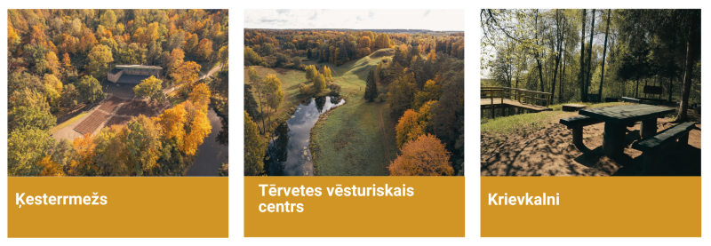 Dobeles novada rudens galamērķi – Ķestermeža estrāde zeltainu koku ieskāvumā, Tērvetes vēsturiskā centra ainava un Krievkalnu atpūtas vieta mežā.