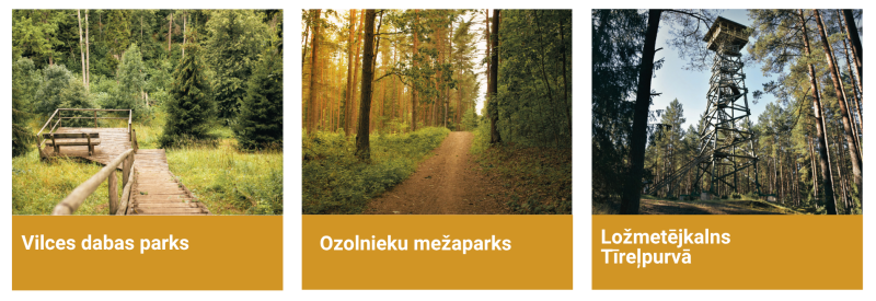 Jelgavas novada dabas un aktīvās atpūtas galamērķi – Vilces dabas parka koka laipa, Ozolnieku Mežaparka taka un Ložmetējkalna skatu tornis Tīreļpurvā.