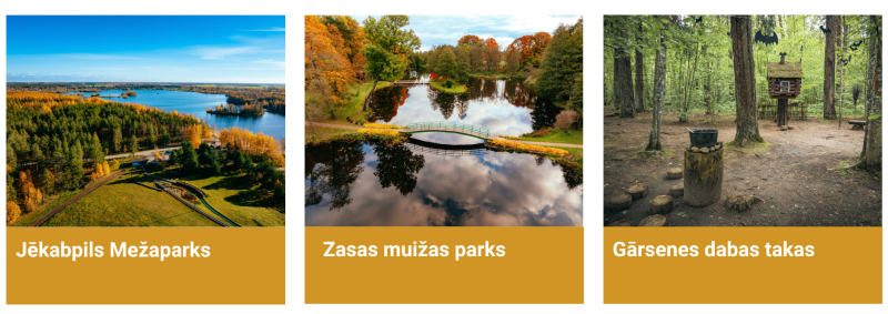 Jēkabpils novada dabas un atpūtas galamērķi – Jēkabpils Mežaparks pie Radžu ūdenskrātuves, rudenīgais Zasas muižas parks un Gārsenes dabas takas meža ainavā.
