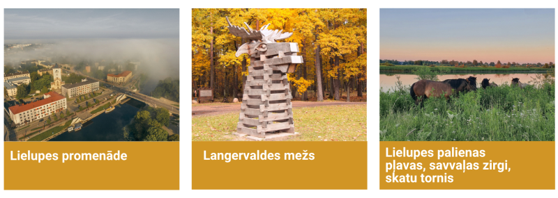 Jelgavas pilsētas dabas un atpūtas galamērķi – Lielupes promenāde pilsētas centrā, Langervaldes mežs ar vides objektu un Lielupes palienas pļavas ar savvaļas zirgiem.