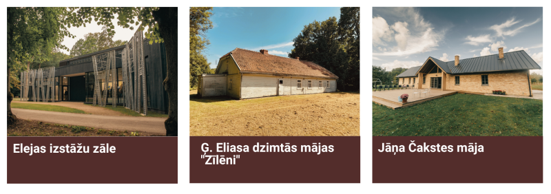 Attēlā redzami trīs Jelgavas novada kultūras un vēstures objekti: Elejas izstāžu zāle – moderna ēka ar dekoratīvu koka fasādi koku ieskautā vidē; G. Eliasa dzimtās mājas “Zīlēni” – sena, gaiša koka ēka ar sarkanu dakstiņu jumtu; Jāņa Čakstes māja – atjaunota ķieģeļu ēka ar tumšu jumtu, plašu terasi un sakoptu zālienu.