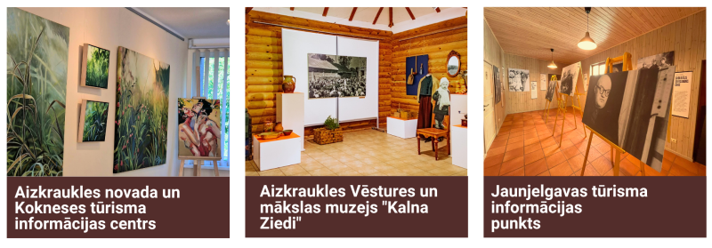 Trīs tūrisma un kultūras apskates vietas Aizkraukles novadā. Kreisajā pusē Aizkraukles Vēstures un mākslas muzeja “Kalna Ziedi” ekspozīcija ar vēsturiskiem priekšmetiem un fotogrāfijām, vidū Aizkraukles novada un Kokneses tūrisma informācijas centra telpas ar vietējo ražotāju produkciju, bet labajā pusē Jaunjelgavas tūrisma informācijas punkta zilā koka ēka ar sarkaniem logu rāmjiem un ziediem priekšplānā.