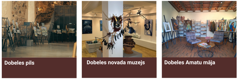 Trīs mākslas un kultūras apskates vietas Dobeles novadā. Kreisajā pusē Dobeles pils izstāžu telpa ar vēsturiskām akmens sienām un izstādītiem mākslas darbiem, vidū Dobeles novada muzeja ekspozīcija ar gleznām, skulptūrām un dekoratīvās mākslas priekšmetiem, bet labajā pusē Dobeles Amatu mājas rokdarbu izstāde ar tradicionāliem latviešu rakstiem rotātām tekstilijām un rotaslietām.