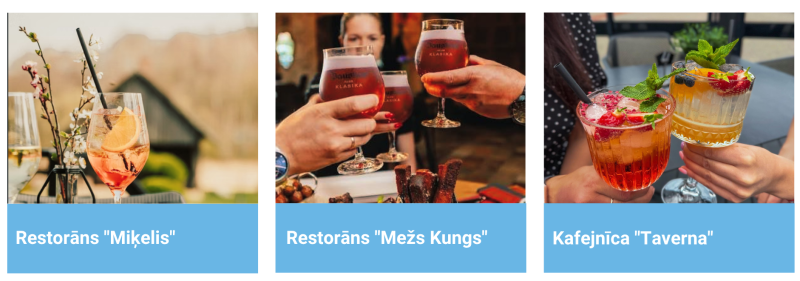 Trīs fotogrāfijas, kas attēlo Bauskas novada ēdināšanas vietas – restorānus "Mikelis", "MežsKungs" un kafejnīcu "Taverna"