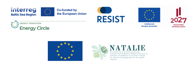 Eiropas Savienības programmu un projektu logotipi, tostarp Interreg Baltic Sea Region, RESIST, NATALIE un Energy Circle