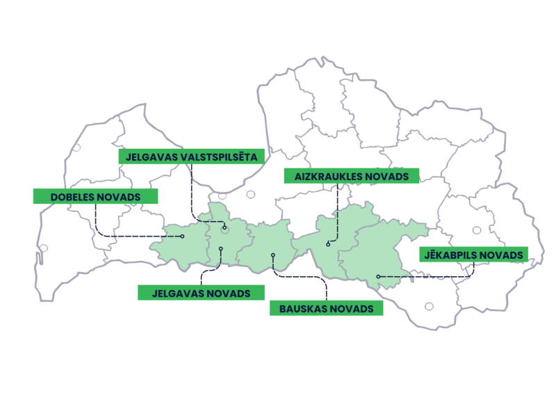 Latvijas karte ar novadiem, zaļā krāsā izceltas 6 Zemgales plānošanas reģiona pašvaldības