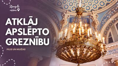 Zemgales piļu un muižu iepazīšanas kampaņas vizuālis ar greznu zeltītu lustru un ornamentiem rotātiem griestiem. Kreisajā pusē uz violeta fona uzraksts “Atklāj apslēpto greznību. Pilis un muižas” un logotips “Zemgale aicina