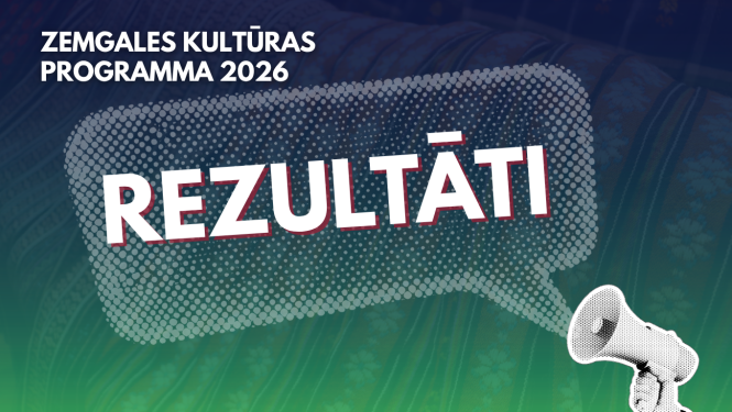 Plakāts ar uzrakstu ‘Zemgales kultūras programma 2026 – Rezultāti’; centrā liels vārds ‘Rezultāti’ runas burbulī, fonā stilizēts tekstila raksts, apakšā redzams megafons