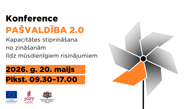 Konferences plakāts. Konferences nosaukums - Pašvaldība 2.2. Norise - 20.05.