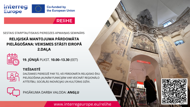 Vizuāls attēls ar informāciju par semināra "Reliģiskā mantojuma pārdomāta pielāgošana" norisi