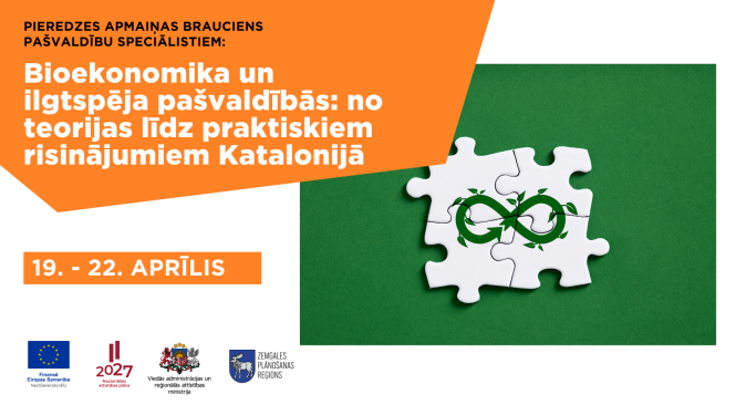 Informatīvs vizuālis par pieredzes apmaiņas braucienu "Bioekonomika un ilgtspēja pašvaldībās: no teorijas līdz praktiskiem risinājumiem Katalonijā", kas norisinās 19.–22. aprīlī, ar ilgtspēju simbolizējošu puzles attēlu.